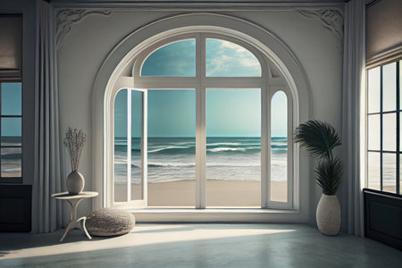 sea breeze flowing through open windows of beachfront villa, with soft waves rolling ashore, created with generative aiの素材