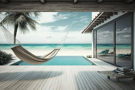 beachhouse with pool, hammock, and view of the tranquil ocean, created with generative aiの素材