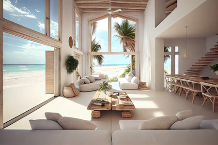 idyllic beachfront villa, with open floor plan and natural light, ideal for enjoying the views, created with generative aiの素材