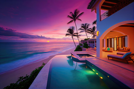 luxury beachfront villa with infinity pool, private terrace, and panoramic ocean view, created with generative aiの素材