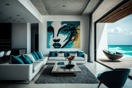 beachfront villa interior with modern design and sleek furniture, featuring dramatic wall art and natural light, created with generative aiの素材