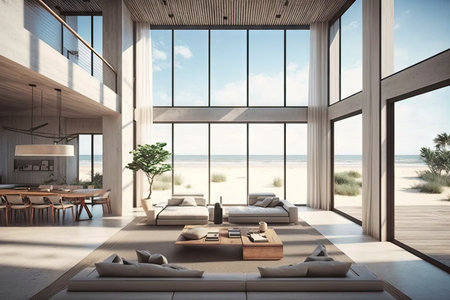 luxurious beachfront villa with modern design, floor-to-ceiling windows and minimalist accents, created with generative aiの素材