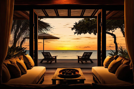 relaxing view of sunset from beachfront villa, created with generative aiの素材