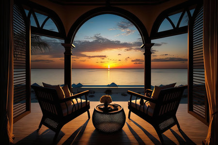 relaxing view of sunset from beachfront villa, created with generative aiの素材
