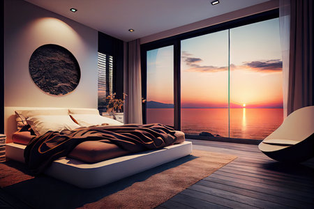 relaxing bedroom with luxurious bed and views of the sunset over the water, created with generative aiの素材