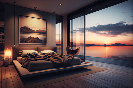 relaxing bedroom with luxurious bed and views of the sunset over the water, created with generative aiの素材