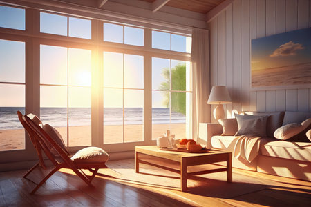 relaxing day in beachfront villa, with view of the ocean and warm rays shining through the windows, created with generative aiの素材