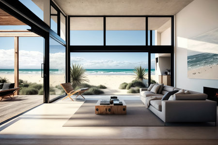 beachfront villa, with view of the beach and ocean beyond, featuring sleek and modern design, created with generative aiの素材