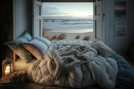 cozy bedroom with warm duvet, plush pillows and dreamy beach views, created with generative aiの素材