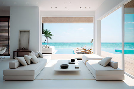 beachfront villa interior with minimalist design and sleek furnishings, featuring outdoor terrace and pool, created with generative aiの素材