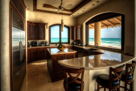 beachfront villa with open floor plan and spacious kitchen, ideal for entertaining, created with generative aiの素材
