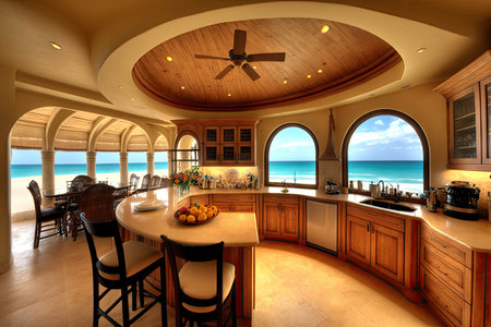 beachfront villa with open floor plan and spacious kitchen, ideal for entertaining, created with generative aiの素材