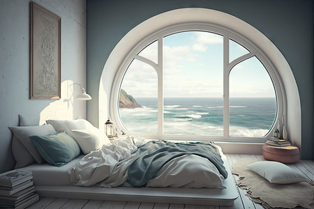 relaxing bedroom with luxurious bed, view of the sea, and window seat, created with generative aiの素材