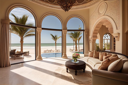 luxury beachfront villa with marble floors, high ceilings, and beautiful views of the ocean, created with generative aiの素材