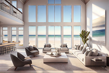 luxurious beachfront villa with huge windows, offering sweeping ocean views, created with generative aiの素材