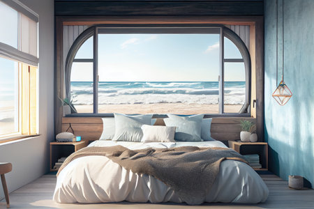 relaxing bedroom with cozy bed and window view of the beach, created with generative aiの素材