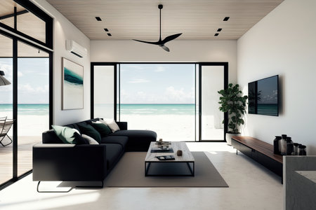 beachfront villa with sleek and modern interior design, featuring minimalist furniture and black accents, created with generative aiの素材