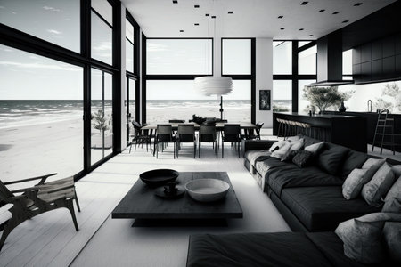beachfront villa with sleek and modern interior design, featuring minimalist furniture and black accents, created with generative aiの素材