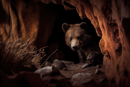 close-up of bear den, with camera focus on the entrance, created with generative aiの素材