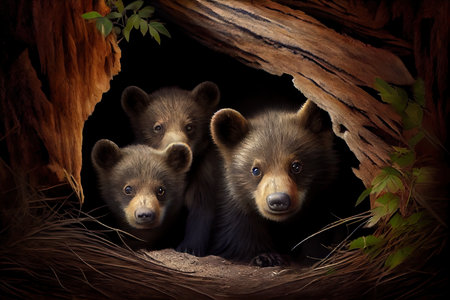 bear den, with baby bear cubs peeking out of their den, created with generative aiの素材