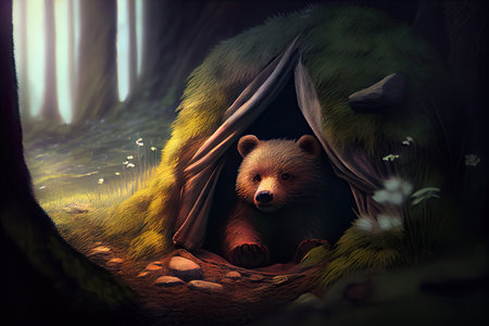 close-up of bear den, with blurry background and peaceful atmosphere, created with generative aiの素材