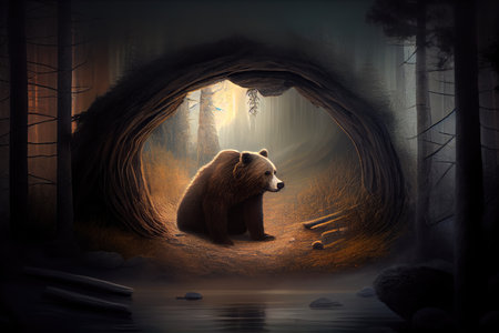 stillness of a bear den, with only the sound of breathing visible, created with generative aiの素材