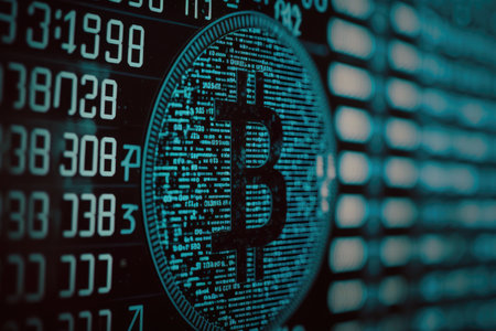 close-up of bitcoin, with binary code and transaction records visible, created with generative aiの素材