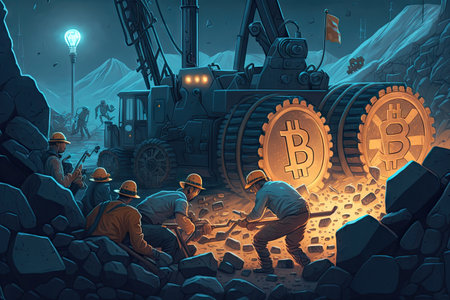 bitcoin mining operation, with workers digging and transporting precious digital ore, created with generative aiの素材