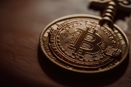 close-up of bitcoin coin, with key details in focus, created with generative aiの素材