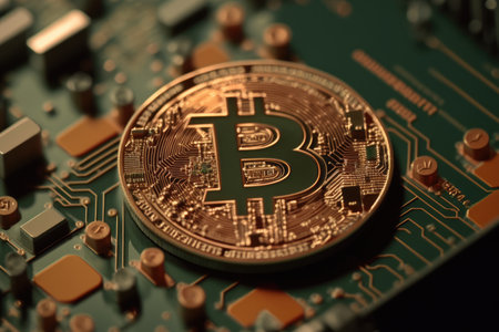 close-up of bitcoin, with details visible, created with generative aiの素材