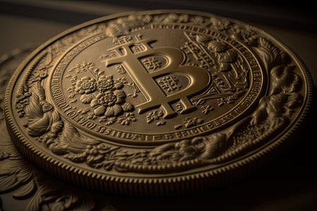 close-up of bitcoin, with details visible, created with generative aiの素材