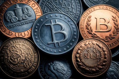 close-up of bitcoins in different denominations, with unique serial numbers, created with generative aiの素材