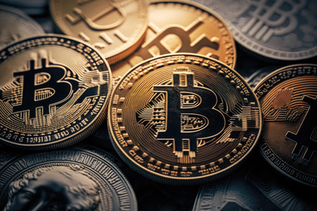 close-up of bitcoins in different denominations, with unique serial numbers, created with generative aiの素材