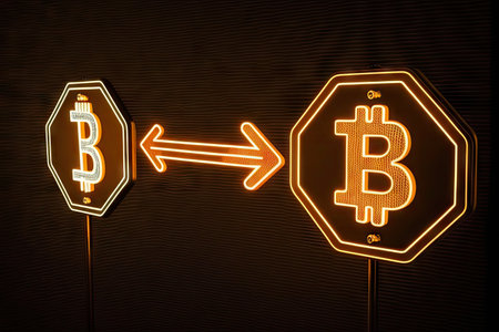 bitcoin sign, with arrows pointing in different directions, on black background, created with generative aiの素材