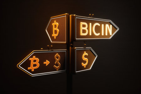 bitcoin sign, with arrows pointing in different directions, on black background, created with generative aiの素材