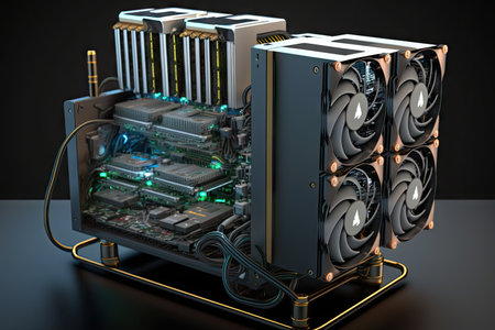bitcoin mining rig, with processors and graphics cards visible, created with generative aiの素材