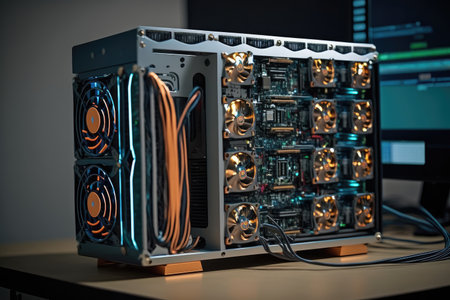 bitcoin mining rig, with processors and graphics cards visible, created with generative aiの素材