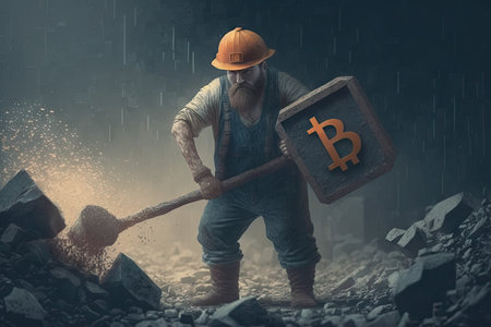 bitcoin miner, with shovel in hand, working tirelessly to add new blocks to blockchain, created with generative aiの素材