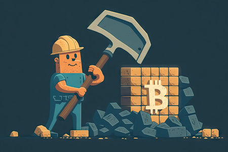 bitcoin miner, with shovel in hand, working tirelessly to add new blocks to blockchain, created with generative aiの素材