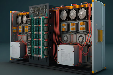 bitcoin mining operation, with hardware and software solutions visible, created with generative aiの素材