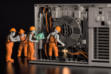 bitcoin mining rig, with miners solving complex mathematical problem to enter new block of transactions into the blockchain, created with generative aiの素材