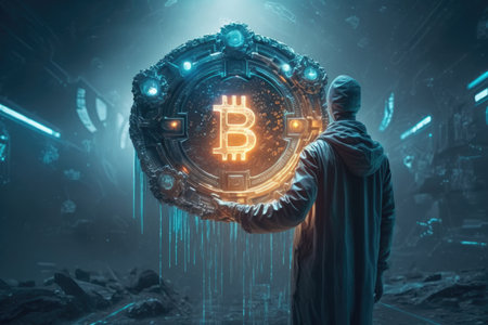 person, holding bitcoin in futuristic sci-fi setting, created with generative aiの素材