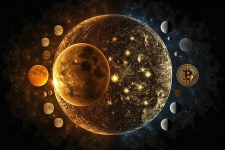 voyage through the solar system, with bitcoin as the currency used for payment, created with generative aiの素材