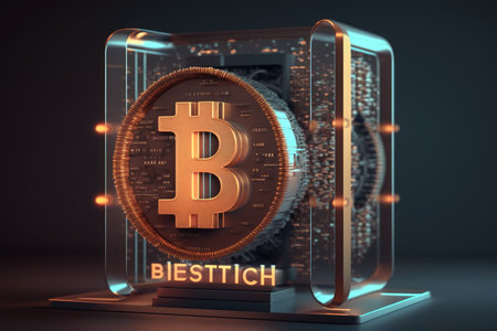 bitcoin logo on futuristic and sleek device, rendering it modern and techy, created with generative aiの素材