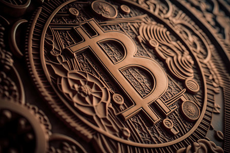 close-up of bitcoin, with intricate and complex design visible, created with generative aiの素材