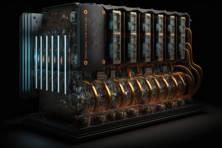 bitcoin mining rig, with rows of powerful gpus solving complex mathematical problems, created with generative aiの素材