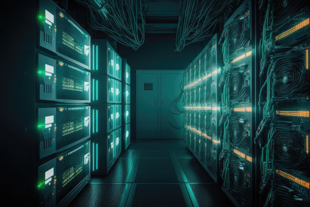 data center, with rows of computers and flashing lights, mining bitcoins, created with generative aiの素材