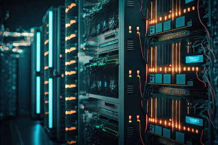 data center, with rows of computers and flashing lights, mining bitcoins, created with generative aiの素材
