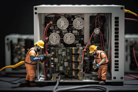 bitcoin mining rig, with miners solving difficult puzzles to create new bitcoins, created with generative aiの素材