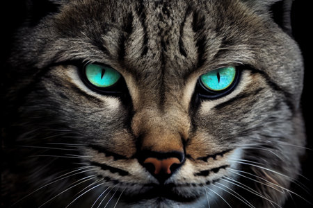 close-up of bobcats face, with its green eyes shining, created with generative aiの素材
